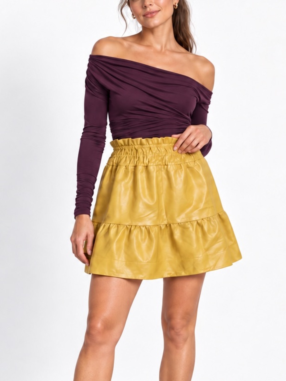 Anthropologie “Somerset” Faux Leather Tiered Mini Skirt Mustard Yellow Small NWT
